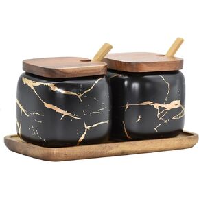 2 Sets of Marble Ceramic Seasoning Jars Ceramic Sugar Bowl with Lids，Tray and Spoons (white)