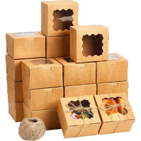 200 Pcs Brown Bakery Boxes with Window Small Cookie Boxes 4 x 4 x 2.5 Inch Kraft Paper Baking Treat Boxes for Cake Pastry Candy and Party Favor with 328 ft Rope