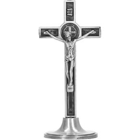 Catholic Crucifix With Stand, Zinc Alloy Metal Hand Made, Wall and Table Jesus Christ Statue Standing Crucifix, for Office Home (Silver)