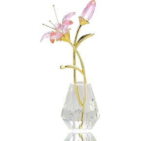 Crystal Pink Lily Flower Figurines Collectibles with Crystal Vase Gifts for Women Friends, Crystal Pink Flower with Gold Metal Stem Paperweights Decoration for Home Wedding Party Decor