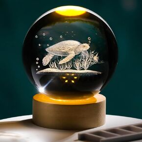 3D Sea Turtle Crystal Ball Lamp with Wooden Base, 3D Laser Etched Crystal Sea Turtle Decor Glass Sphere Figurine Ornaments, Crystal Sea Turtle Gifts for Women Men Kids