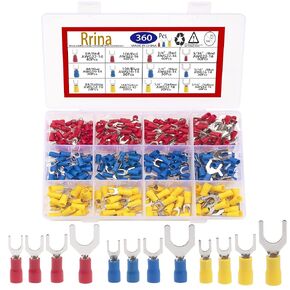 360Pcs 22-16 16-14 12-10 Gauge Mixed Quick Disconnect Electrical Insulated 8# 10# 1/4" 5/16" Fork Spade Splice Solderless Crimp Terminals Wire Connectors Assortment Kit