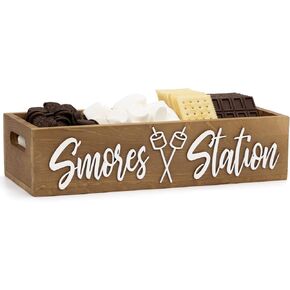 S'mores Station Box, Smores Kit for Fire Pit, Smores Maker Tabletop Outdoor Farmhouse Camping Décor, Rustic 3D Style S'mores Storage Caddy, Smores BBQ Housewarming Gift