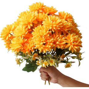 6 Pack Outdoor Indoor Artificial Fake Marigold Flowers Bouquet, 30pcs Fall Orange Yellow Fake Silk Marigold Flowers, Look Real Autumn Mums Plants for Vase Pot Front Porch Wedding Halloween Cemetery