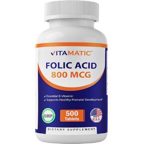 Vitamatic Folic Acid 800 mcg - 500 Vegetarian Tablets - Vitamin B9