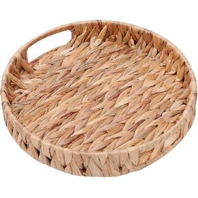 Coffee Table Tray Round Ottoman Tray Woven Serving Trays with Handles,Water Hyacinth Storage Baskets Wicker Serving Traysfor Home and Kitchen Decorative (11.8inch x1.9 inch)