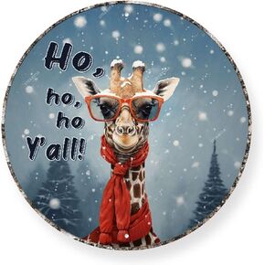 Wreath Sign Christmas Hat Giraffe Retro Tin Sign Funny Animal Decor Metal Signs for Christmas Round Wreath Wall Decor Vintage Garage Yard Home Decor 12.00"x12.00"
