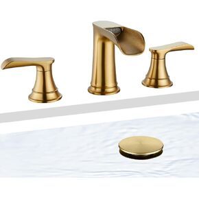 Widespread Bathroom Faucet 3 Hole, Brushed Gold Bathroom Faucet, Waterfall Bathroom Sink Faucet, Two Handle Vanity Faucets for Sink 3 Hole with Drain Assembly, Brushed Gold in Saudi Arabia