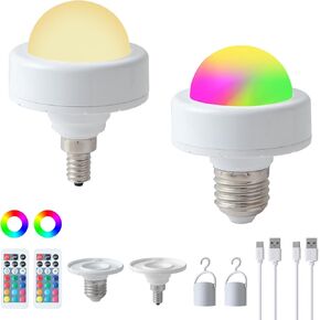 Small Rechargeable Light Bulbs,E26/E12 Detachable Charging,4 Color Temperature,RGB Remote Controlled Puck Emergency Lamp,Timer,Dimmer,Magnetically LED Light Bulbs for Non-Hardwired,2Packs