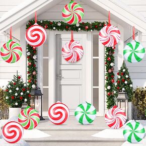 12 Pcs Inflatable Christmas Candy Ornaments 9 inch Christmas Hanging Large Candy Ornaments Plastic Double Sided Candy Christmas Decor for Indoor Outdoor House Yard Xmas Party Porch Decoration