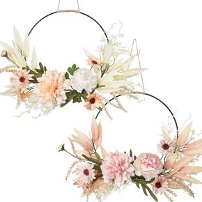 Weldomcor Artificial Floral Wreath for Front Door Porch Set of 2 Floral Hoop Wreath Decor with Pink Champagne Flowers Green Leaves Garland Spring Wall Window Home Hanging Decoration