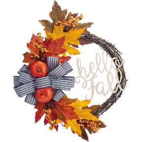 Velener 16 Inch Fall Wreaths for Front Door with Pumpkin & Fall Leaves -Thanksgiving Harvest Front Door Wreath Decor, Farmhouse Outdoor Fall Wreath, Orange Autumn Wreath with Bow for Outside/Indoor