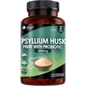 Psyllium Husk Capsules Enriched With Probiotics Fibre Supplement High Absorbency Strength Contributes Towards Gut And Digestive Health from Plantago Ovata Seeds, Ispaghula Husk, Gluten-Free Made in UK