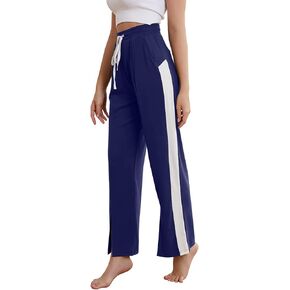 MISSKY Work Pants for Women Stretch, Ladies High Waist Wide Leg Lounge Pants Striped Drawstring Sweatpants Lightweight Workout Joggers Navy Blue S