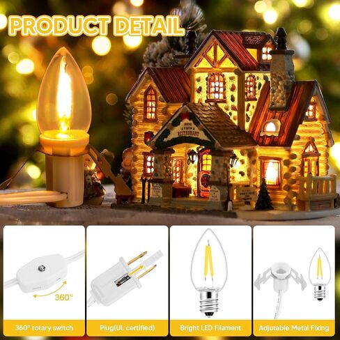 4Pack Accessory Cord with 24 LED Light Bulbs and Outlet Christmas Village Light 46.4FT White Cord with Spare Fuse Warm White C7 Lamp Christmas Village Accessories for Village Houses Craft Decoration in Saudi Arabia