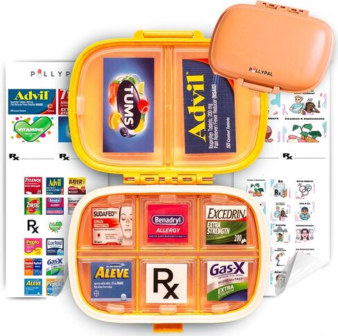 V2 Portable Travel Pill Organizer Holder with Stickers - 8 Slot Durable Compact Case to Organize Meds, Pills, Medicine, Prescriptions, Health Vitamins, Jewelry, Travel Essentials - Blue in Saudi Arabia