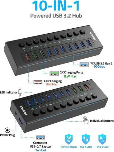 Powered USB 3.2 Hub 10Gbps, 10-Ports USB Hub with 7×USB 3.2 Ports, 3×Fast Charging Ports, 36W Power Adapter, Individual On/Off Switches and 2 USB Cable 3.3ft, Aluminum USB Hub Powered for Laptops, PC in Saudi Arabia