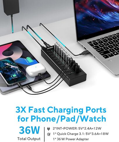 Powered USB 3.2 Hub 10Gbps, 10-Ports USB Hub with 7×USB 3.2 Ports, 3×Fast Charging Ports, 36W Power Adapter, Individual On/Off Switches and 2 USB Cable 3.3ft, Aluminum USB Hub Powered for Laptops, PC in Saudi Arabia