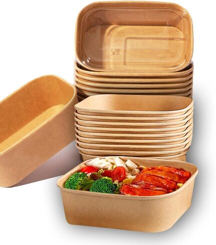 حاويات طعام للاستعمال مرة واحدة مع أغطية، صناديق ورقية بنية قابلة للاستخدام في الميكروويف للمطاعم والمطاعم والحفلات (50 قطعة 25 أونصة) in Kuwait
