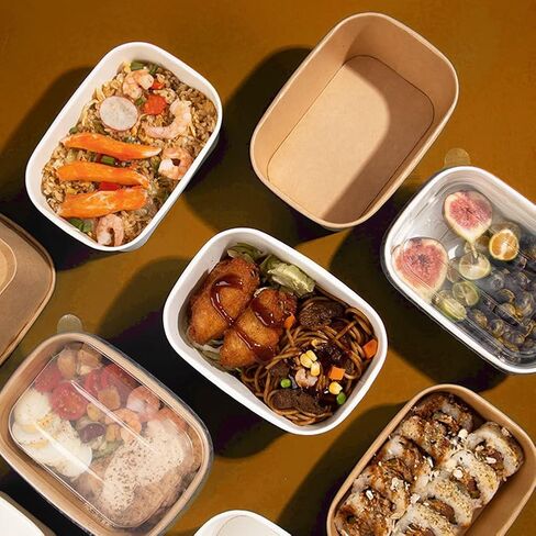 حاويات طعام للاستعمال مرة واحدة مع أغطية، صناديق ورقية بنية قابلة للاستخدام في الميكروويف للمطاعم والمطاعم والحفلات (50 قطعة 25 أونصة) in Kuwait