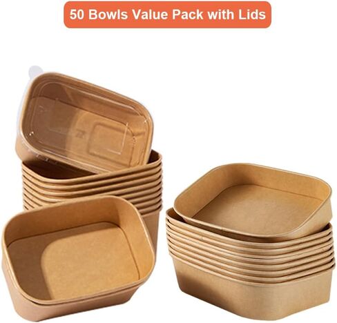 حاويات طعام للاستعمال مرة واحدة مع أغطية، صناديق ورقية بنية قابلة للاستخدام في الميكروويف للمطاعم والمطاعم والحفلات (50 قطعة 25 أونصة) in Kuwait