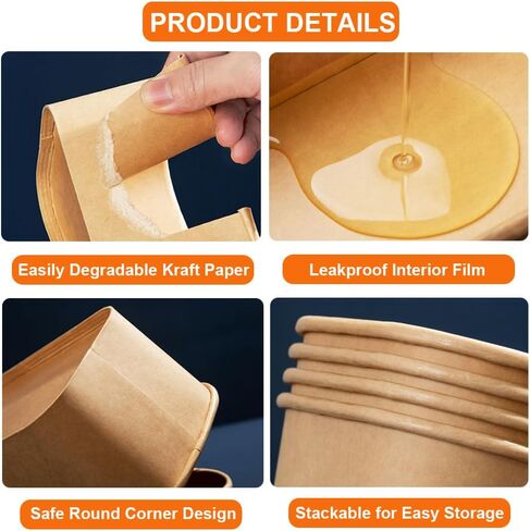 حاويات طعام للاستعمال مرة واحدة مع أغطية، صناديق ورقية بنية قابلة للاستخدام في الميكروويف للمطاعم والمطاعم والحفلات (50 قطعة 25 أونصة) in Kuwait