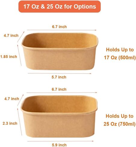 حاويات طعام للاستعمال مرة واحدة مع أغطية، صناديق ورقية بنية قابلة للاستخدام في الميكروويف للمطاعم والمطاعم والحفلات (50 قطعة 25 أونصة) in Kuwait