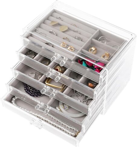 WEIKIMFF Clear Acrylic Jewelry Organizer Box With 3 Drawers, Transparent Storage Box Can Be Stacked,Velvet Tray Can Be Adjusted For Storing Earrings Rings Bracelets Necklaces Gift for Women in Kuwait