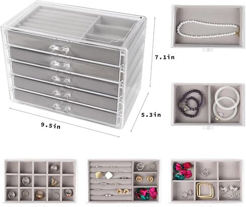 WEIKIMFF Clear Acrylic Jewelry Organizer Box With 3 Drawers, Transparent Storage Box Can Be Stacked,Velvet Tray Can Be Adjusted For Storing Earrings Rings Bracelets Necklaces Gift for Women in Kuwait