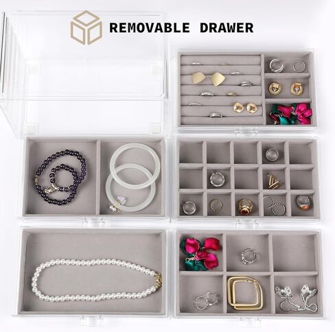 WEIKIMFF Clear Acrylic Jewelry Organizer Box With 3 Drawers, Transparent Storage Box Can Be Stacked,Velvet Tray Can Be Adjusted For Storing Earrings Rings Bracelets Necklaces Gift for Women in Kuwait