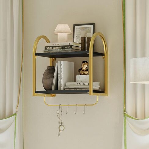 Bestier Black Floating Shelves for Wall, 2 Tier Black Shelves for Room Wall Decor with Towel Bar and Hooks, Gold Floating Shelves for Kitchen, Living Room, Bedroom, Bathroom, Classic Black in Kuwait