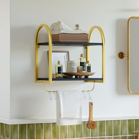 Bestier Black Floating Shelves for Wall, 2 Tier Black Shelves for Room Wall Decor with Towel Bar and Hooks, Gold Floating Shelves for Kitchen, Living Room, Bedroom, Bathroom, Classic Black in Kuwait