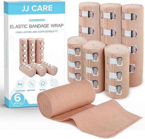 غلاف ضمادة مرنة من JJ CARE [عبوة من 6]، ضمادة ضغط بمقاس 3 بوصات و6 بوصات، مع 6 مشابك إضافية للكاحل والمعصم والقدم، 6 لفات، متينة وقابلة لإعادة الاستخدام in Kuwait
