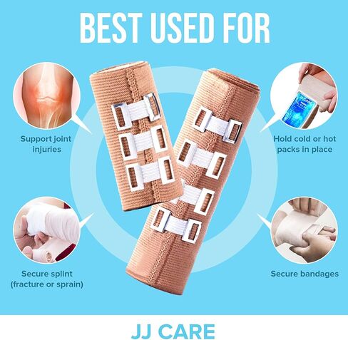 غلاف ضمادة مرنة من JJ CARE [عبوة من 6]، ضمادة ضغط بمقاس 3 بوصات و6 بوصات، مع 6 مشابك إضافية للكاحل والمعصم والقدم، 6 لفات، متينة وقابلة لإعادة الاستخدام in Kuwait