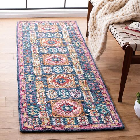 سجادة SAFAVIEH Aspen Collection Runner - 2'3" x 9'، أزرق وأحمر، صوف بوهو مصنوع يدويًا، مثالية للمناطق ذات حركة المرور العالية في غرفة المعيشة وغرفة النوم (APN518M) in Saudi Arabia