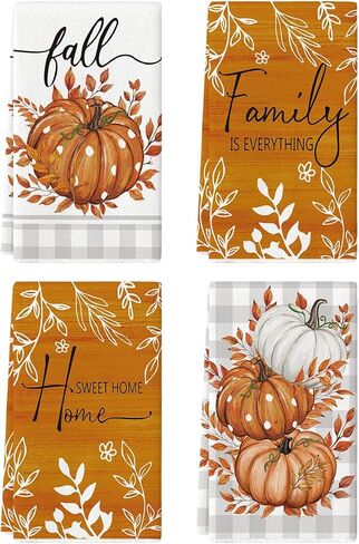 Artoid Mode Orange Buffalo Plaid Polka Dot Pumpkin Fall Kitchen Towels Dish Towels, 18x26 Inch Farmhouse Eucalyptus Leaves Decoration Hand Towels Set of 4 in Saudi Arabia