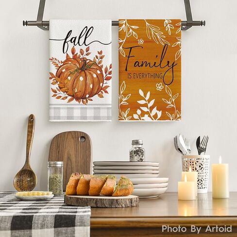 Artoid Mode Orange Buffalo Plaid Polka Dot Pumpkin Fall Kitchen Towels Dish Towels, 18x26 Inch Farmhouse Eucalyptus Leaves Decoration Hand Towels Set of 4 in Saudi Arabia