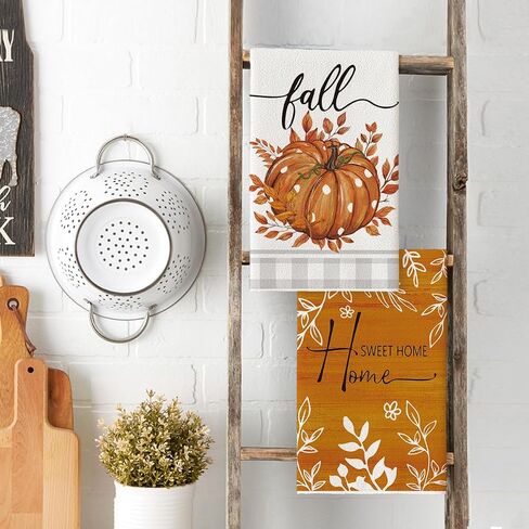 Artoid Mode Orange Buffalo Plaid Polka Dot Pumpkin Fall Kitchen Towels Dish Towels, 18x26 Inch Farmhouse Eucalyptus Leaves Decoration Hand Towels Set of 4 in Saudi Arabia
