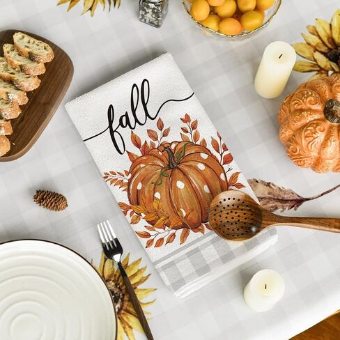Artoid Mode Orange Buffalo Plaid Polka Dot Pumpkin Fall Kitchen Towels Dish Towels, 18x26 Inch Farmhouse Eucalyptus Leaves Decoration Hand Towels Set of 4 in Saudi Arabia