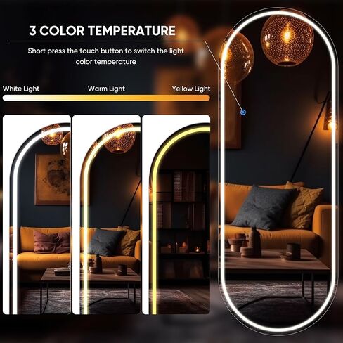 مرآة Antok كاملة الطول مع ضوء LED، مرآة كاملة الطول فوق الباب، مرآة معلقة مقاس 50 بوصة × 16 بوصة، مرآة حائط، مرآة باب مضيئة مع إضاءة 3 ألوان قابلة للتعتيم in Kuwait