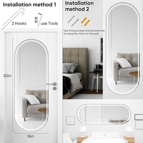 مرآة Antok كاملة الطول مع ضوء LED، مرآة كاملة الطول فوق الباب، مرآة معلقة مقاس 50 بوصة × 16 بوصة، مرآة حائط، مرآة باب مضيئة مع إضاءة 3 ألوان قابلة للتعتيم in Kuwait