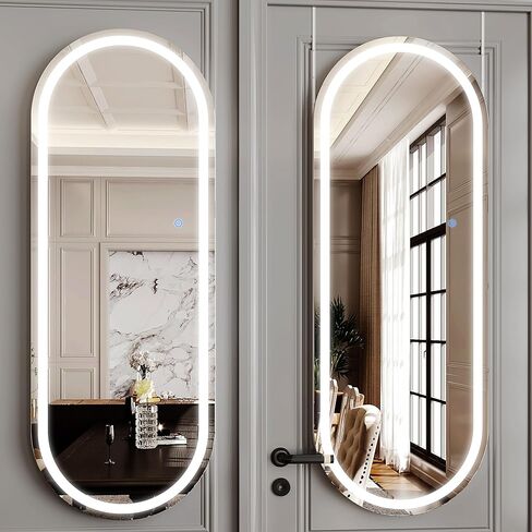 مرآة Antok كاملة الطول مع ضوء LED، مرآة كاملة الطول فوق الباب، مرآة معلقة مقاس 50 بوصة × 16 بوصة، مرآة حائط، مرآة باب مضيئة مع إضاءة 3 ألوان قابلة للتعتيم in Kuwait