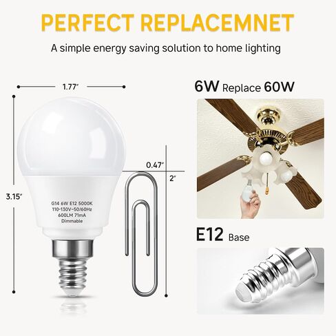 E12 60W Equivalent LED Light Bulbs, A15 6W Ceiling Fan Light Bulbs Daylight White 5000K, Candelabra Base Globe Shape LED Bulbs, Not Dimmable, 600 Lumen, Pack of 3 in Kuwait
