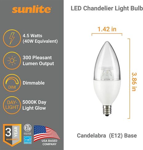 Sunlite 41639 LED B11 Clear Torpedo Tip Chandelier Light Bulb, 4.5 Watts (40W Equivalent) 300 Lumens, Candelabra E12 Base, Dimmable Energy Star and ETL Certified, 5000K Daylight, 6 Count in Kuwait