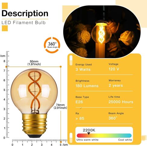 Genixgreen Dimmable E26 Amber LED Bulb Small Edison Light Bulb 25 Watt Equal 3W,G16.5/G50 Antique Globe Spiral Filament Bulb for Vanity Outdoor Light Strings,Soft White 2200K,180LM,2 Pack in Saudi Arabia