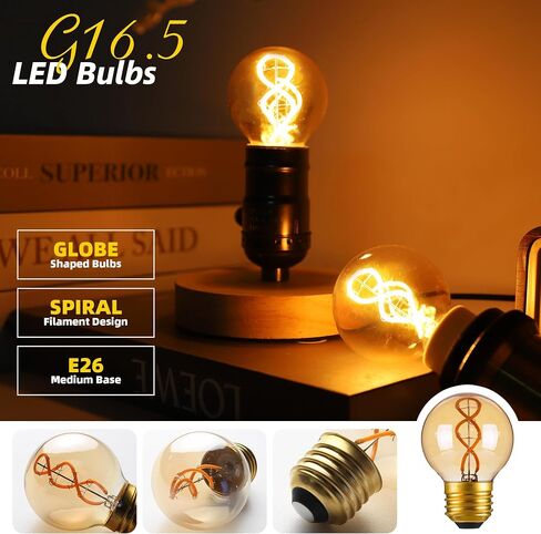 Genixgreen Dimmable E26 Amber LED Bulb Small Edison Light Bulb 25 Watt Equal 3W,G16.5/G50 Antique Globe Spiral Filament Bulb for Vanity Outdoor Light Strings,Soft White 2200K,180LM,2 Pack in Saudi Arabia