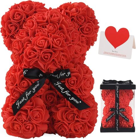LINKLO Valentines Day Gifts for Her,Rose Bear Rose Teddy Bear -10 inch Artificial Rose Flower Bear, Gift for Valentines Day, Wedding, Mothers Day and Anniversary, Including Transparent Gift Box (Red) in Saudi Arabia