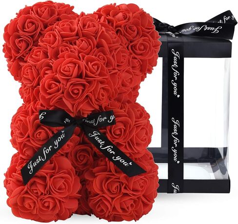 LINKLO Valentines Day Gifts for Her,Rose Bear Rose Teddy Bear -10 inch Artificial Rose Flower Bear, Gift for Valentines Day, Wedding, Mothers Day and Anniversary, Including Transparent Gift Box (Red) in Saudi Arabia