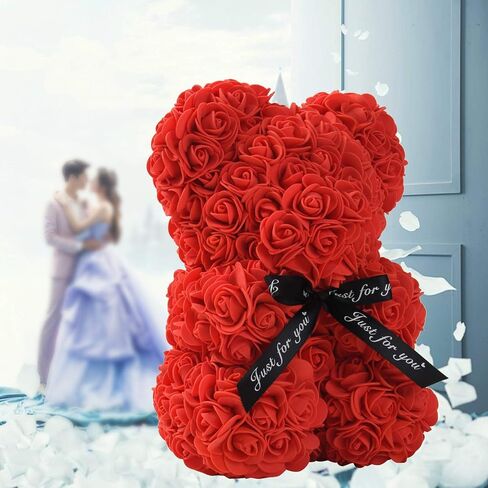 LINKLO Valentines Day Gifts for Her,Rose Bear Rose Teddy Bear -10 inch Artificial Rose Flower Bear, Gift for Valentines Day, Wedding, Mothers Day and Anniversary, Including Transparent Gift Box (Red) in Saudi Arabia