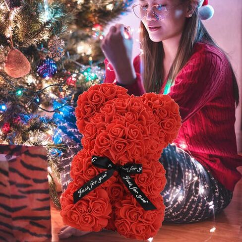 LINKLO Valentines Day Gifts for Her,Rose Bear Rose Teddy Bear -10 inch Artificial Rose Flower Bear, Gift for Valentines Day, Wedding, Mothers Day and Anniversary, Including Transparent Gift Box (Red) in Saudi Arabia